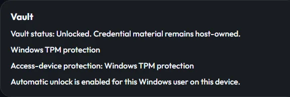Vault unlocked with Windows TPM protection and automatic unlock enabled