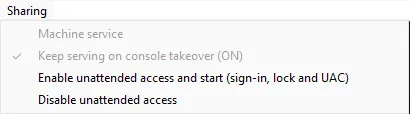 POP Host Sharing menu showing Enable unattended access and start and Disable unattended access