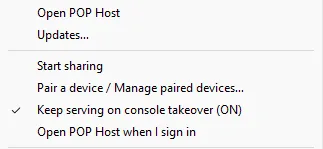 POP Host tray menu with Open POP Host, Start sharing and Pair a device