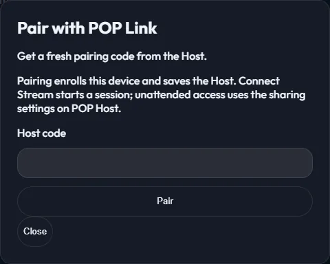 Pair with POP Link dialog with an empty Host code field and Pair button