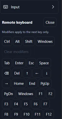 Input panel showing Remote keyboard, modifiers, navigation keys and F1 to F12
